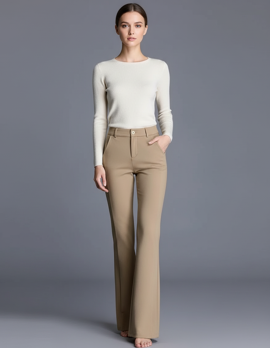 Pantalon Chino Kaki Évasé Taille Haute Élégant Femme - Gabardine