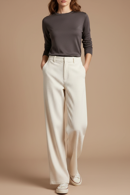 Pantalon Chino Crème Côtelé Ample Décontracté Femme - Beige Cordé