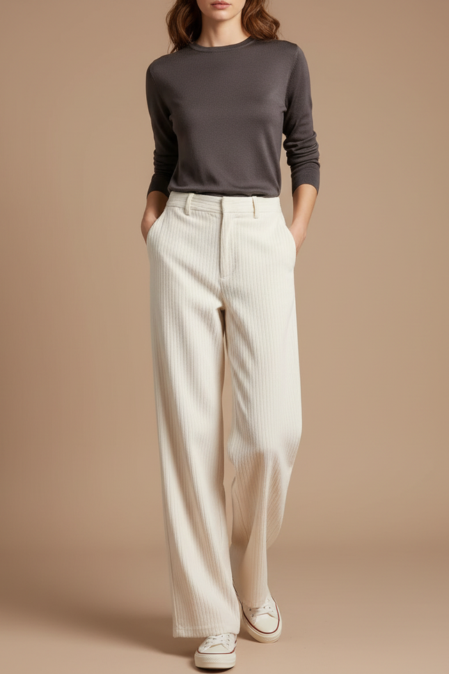 Pantalon Chino Crème Côtelé Ample Décontracté Femme - Beige Cordé