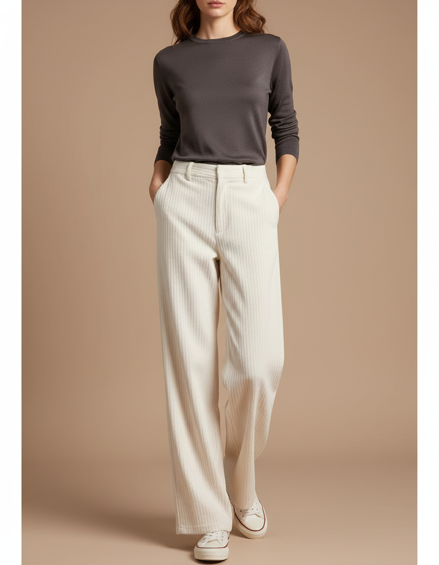 Pantalon Chino Crème Côtelé Ample Décontracté Femme - Beige Cordé
