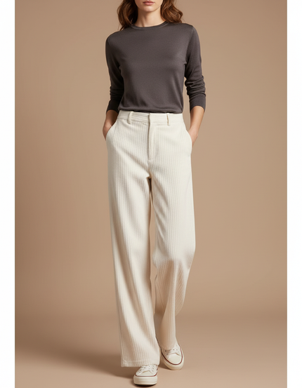 Pantalon Chino Crème Côtelé Ample Décontracté Femme - Beige Cordé
