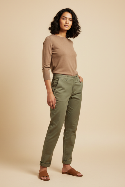 Pantalon Chino Vert Olive Coton Confortable Décontracté Femme - Kaki