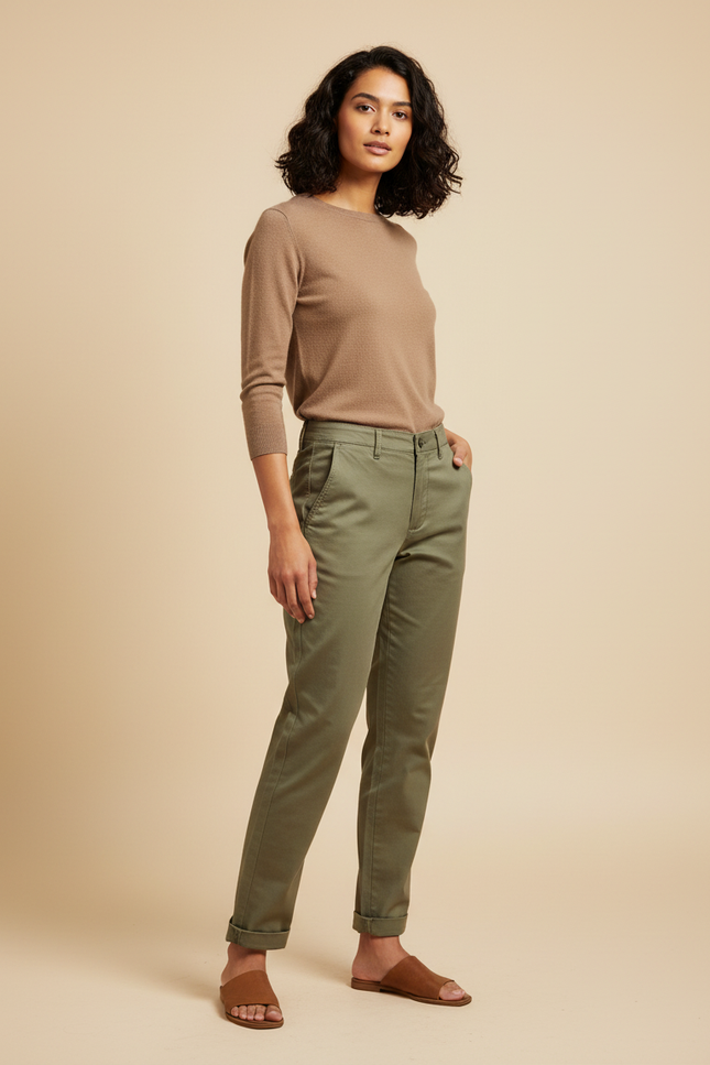 Pantalon Chino Vert Olive Coton Confortable Décontracté Femme - Kaki