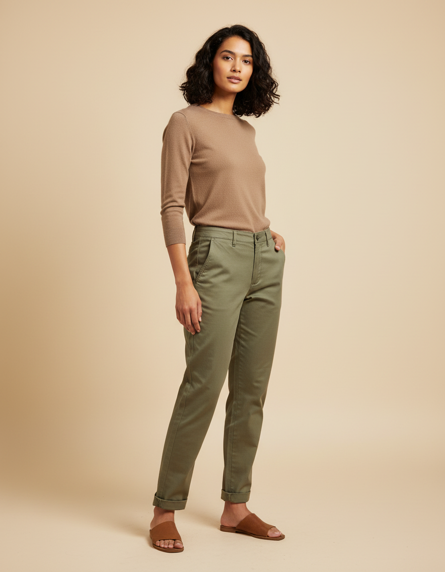 Pantalon Chino Vert Olive Coton Confortable Décontracté Femme - Kaki