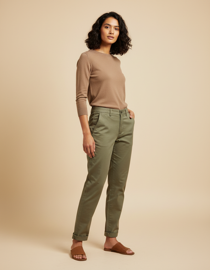 Pantalon Chino Vert Olive Coton Confortable Décontracté Femme - Kaki