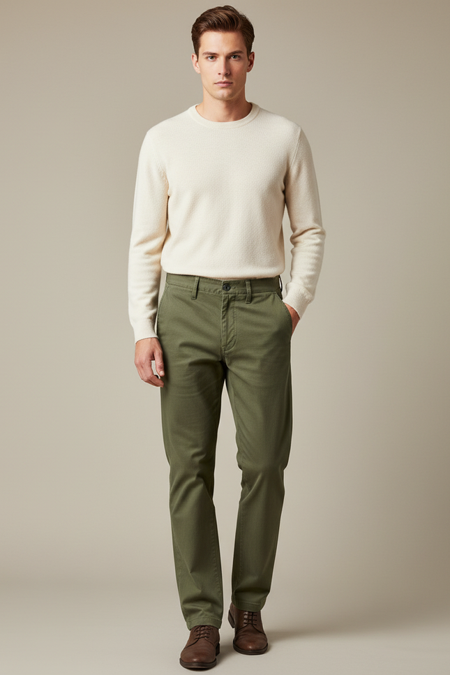 Pantalon Chino Kaki Coton Droit Décontracté Homme