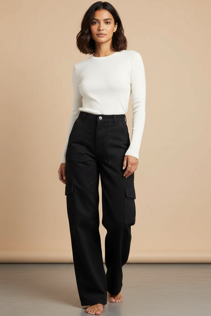 Pantalon Chino Noir Ample Cargo Décontracté Femme - Gabardine