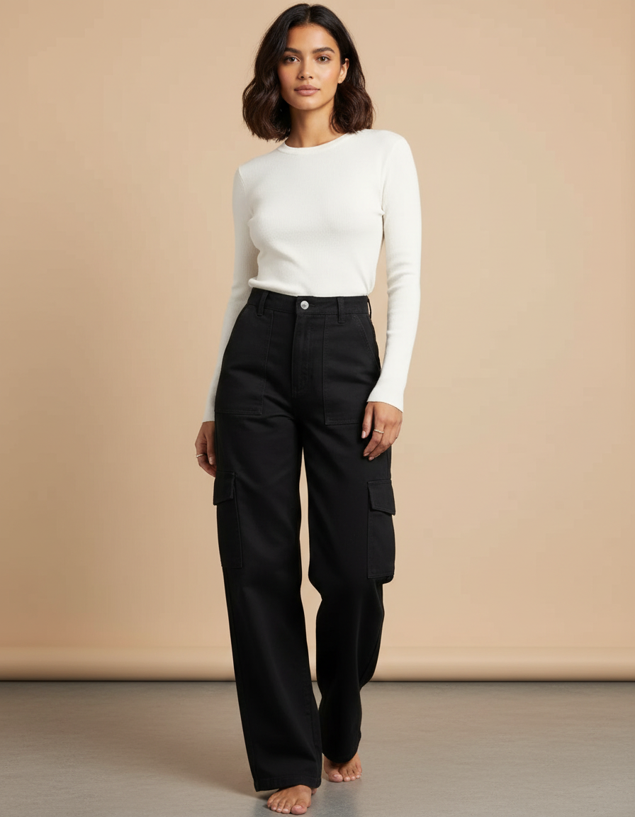 Pantalon Chino Noir Ample Cargo Décontracté Femme - Gabardine