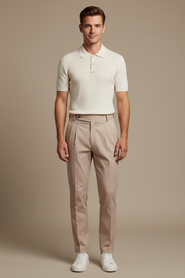 Pantalon Chino Beige Plissé Élégant Homme - Gabardine