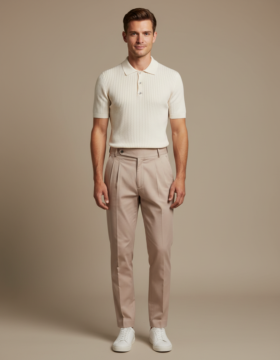 Pantalon Chino Beige Plissé Élégant Homme - Gabardine