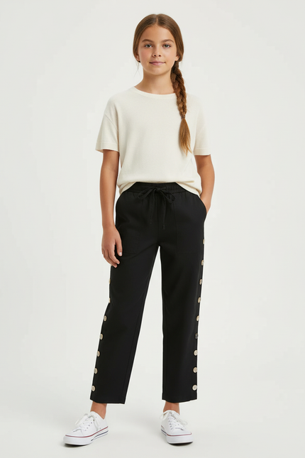 Pantalon Chino Noir Ample Boutons Latéraux Décontracté Enfant - Coton