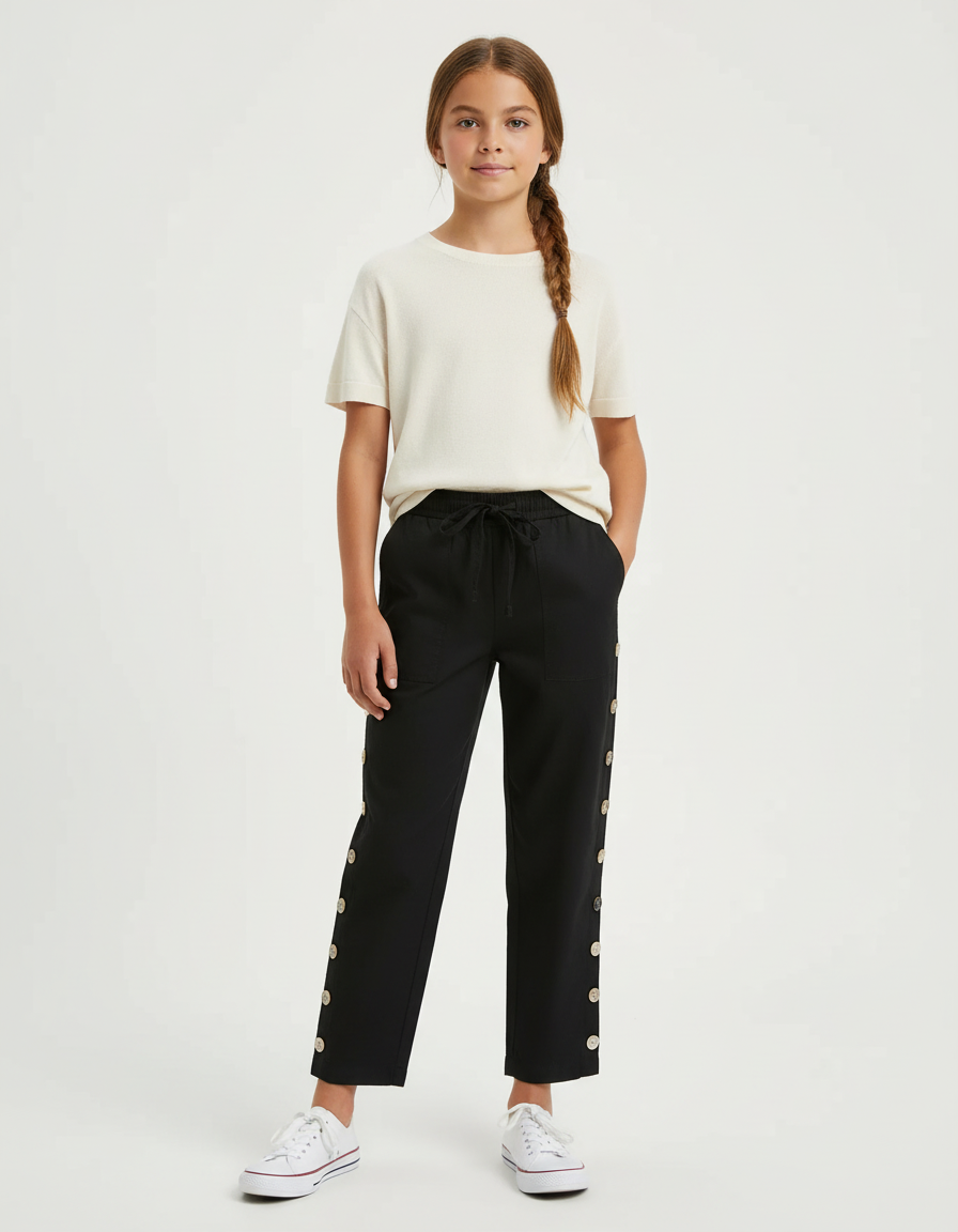 Pantalon Chino Noir Ample Boutons Latéraux Décontracté Enfant - Coton