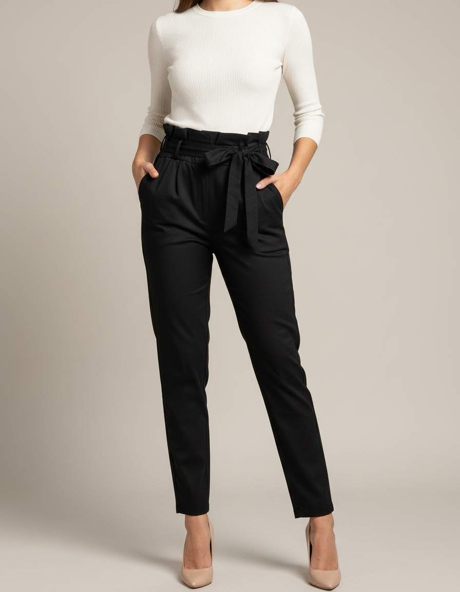Pantalon Chino Noir Taille Haute Ceinture Fluide Femme - Polyester