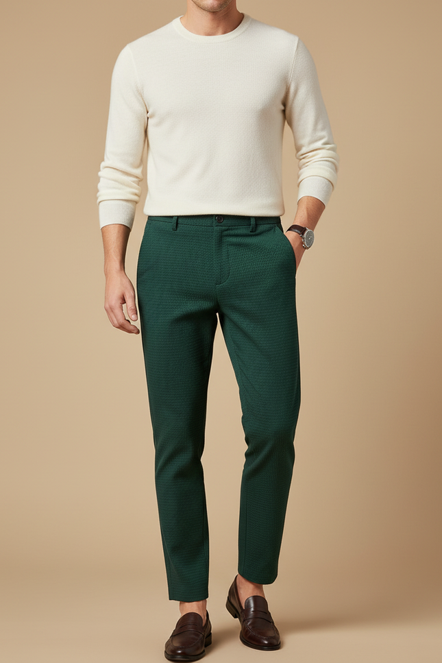 Pantalon Chino Vert Foncé Texturé Slim Homme - Maille
