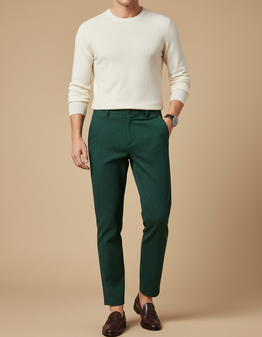 Pantalon Chino Vert Foncé Texturé Slim Homme - Maille