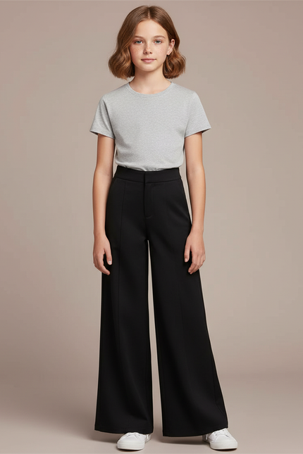 Pantalon Chino Noir Ample Taille Haute Enfant - Polyester