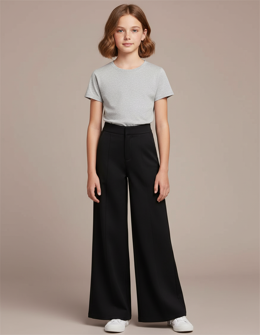 Pantalon Chino Noir Ample Taille Haute Enfant - Polyester