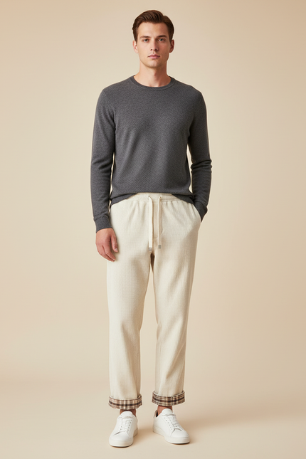Pantalon Chino Crème Côtelé Droit Cordon Homme - Beige Cordé