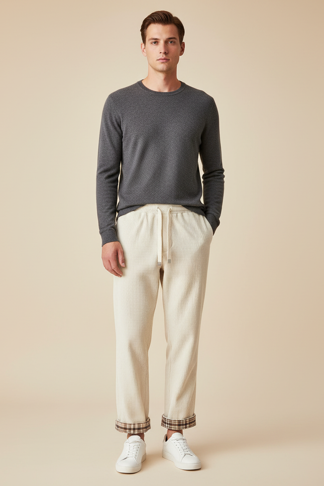 Pantalon Chino Crème Côtelé Droit Cordon Homme - Beige Cordé