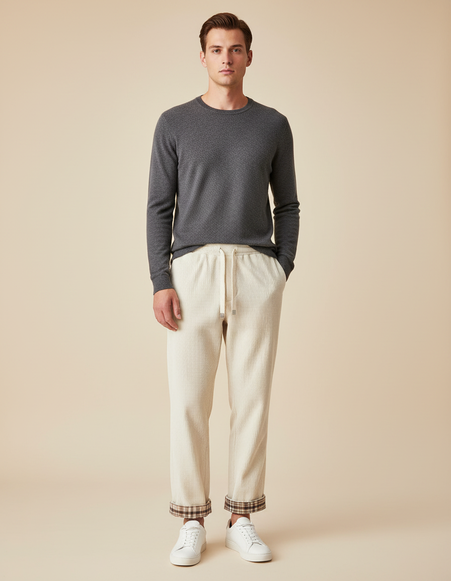 Pantalon Chino Crème Côtelé Droit Cordon Homme - Beige Cordé
