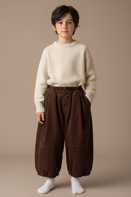 Pantalon Chino Marron Ample Côtelé Rétro Enfant - Cordé