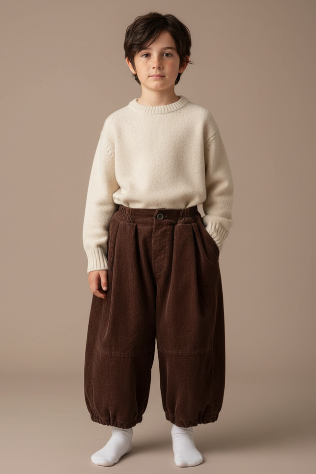 Pantalon Chino Marron Ample Côtelé Rétro Enfant - Cordé