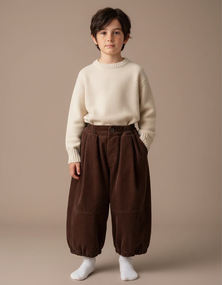 Pantalon Chino Marron Ample Côtelé Rétro Enfant - Cordé