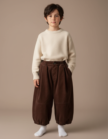 Pantalon Chino Marron Ample Côtelé Rétro Enfant - Cordé