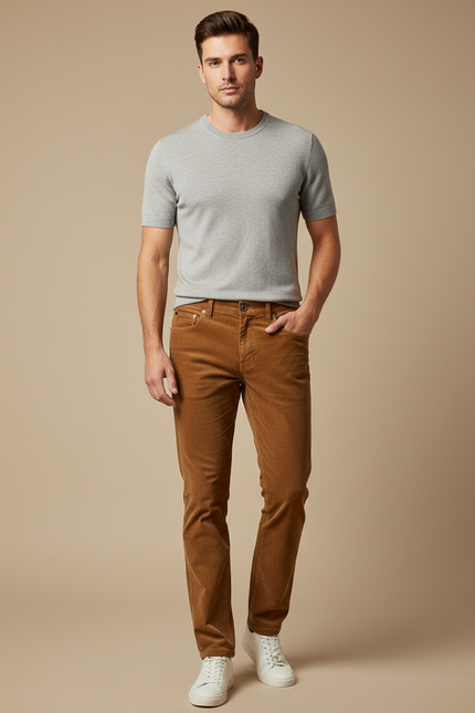 Pantalon Chino Côtelé Marron Coupe Droite Décontracté Homme - Cordé