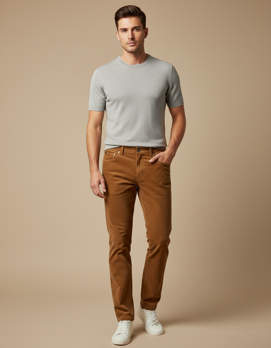 Pantalon Chino Côtelé Marron Coupe Droite Décontracté Homme - Cordé