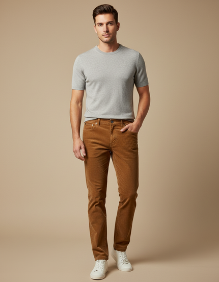 Pantalon Chino Côtelé Marron Coupe Droite Décontracté Homme - Cordé