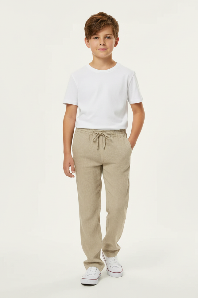 Pantalon Chino Beige Lin Cordon Décontracté Garçon