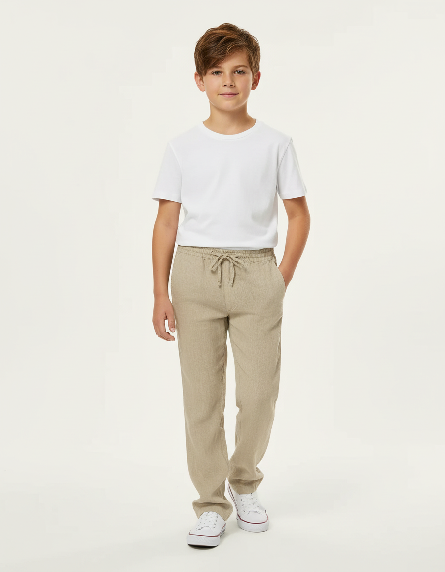 Pantalon Chino Beige Lin Cordon Décontracté Garçon