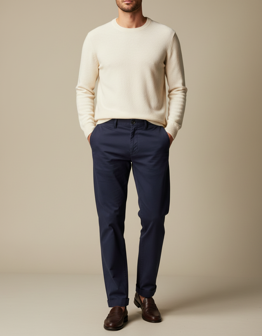 Pantalon Chino Marine Coton Ample Décontracté Homme