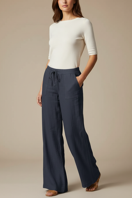 Pantalon Chino Bleu Marine Ample Lin Décontracté Femme