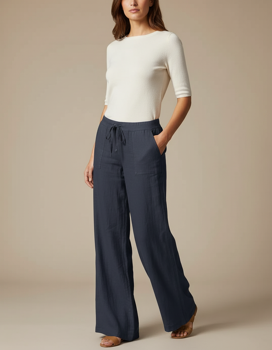 Pantalon Chino Bleu Marine Ample Lin Décontracté Femme