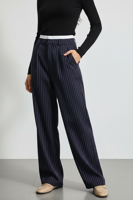 Pantalon Chino Femme Rayé Taille Haute Fluide Élégant - Marine Viscose