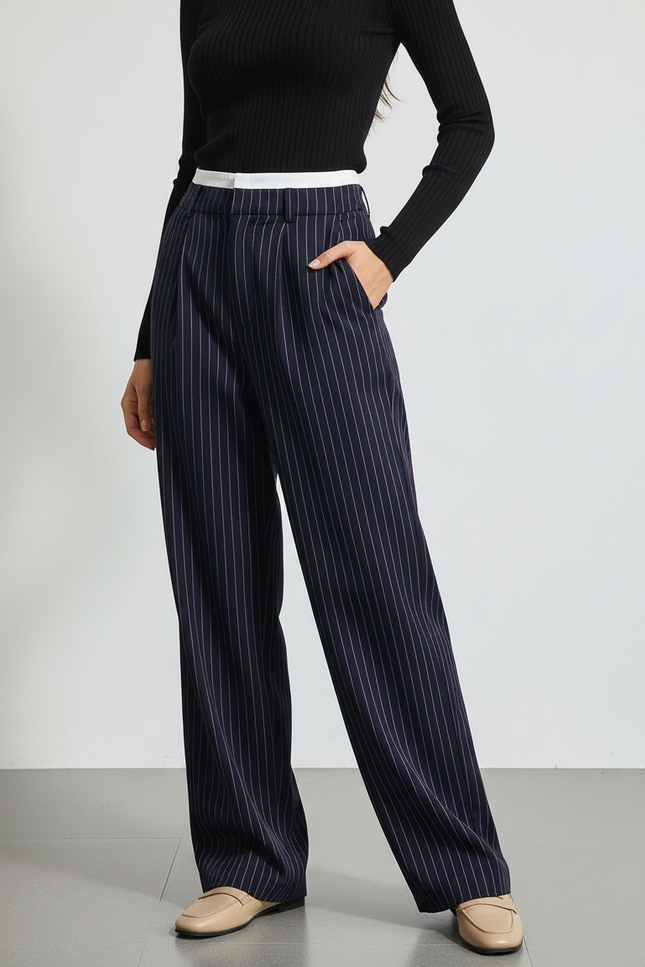 Pantalon Chino Femme Rayé Taille Haute Fluide Élégant - Marine Viscose
