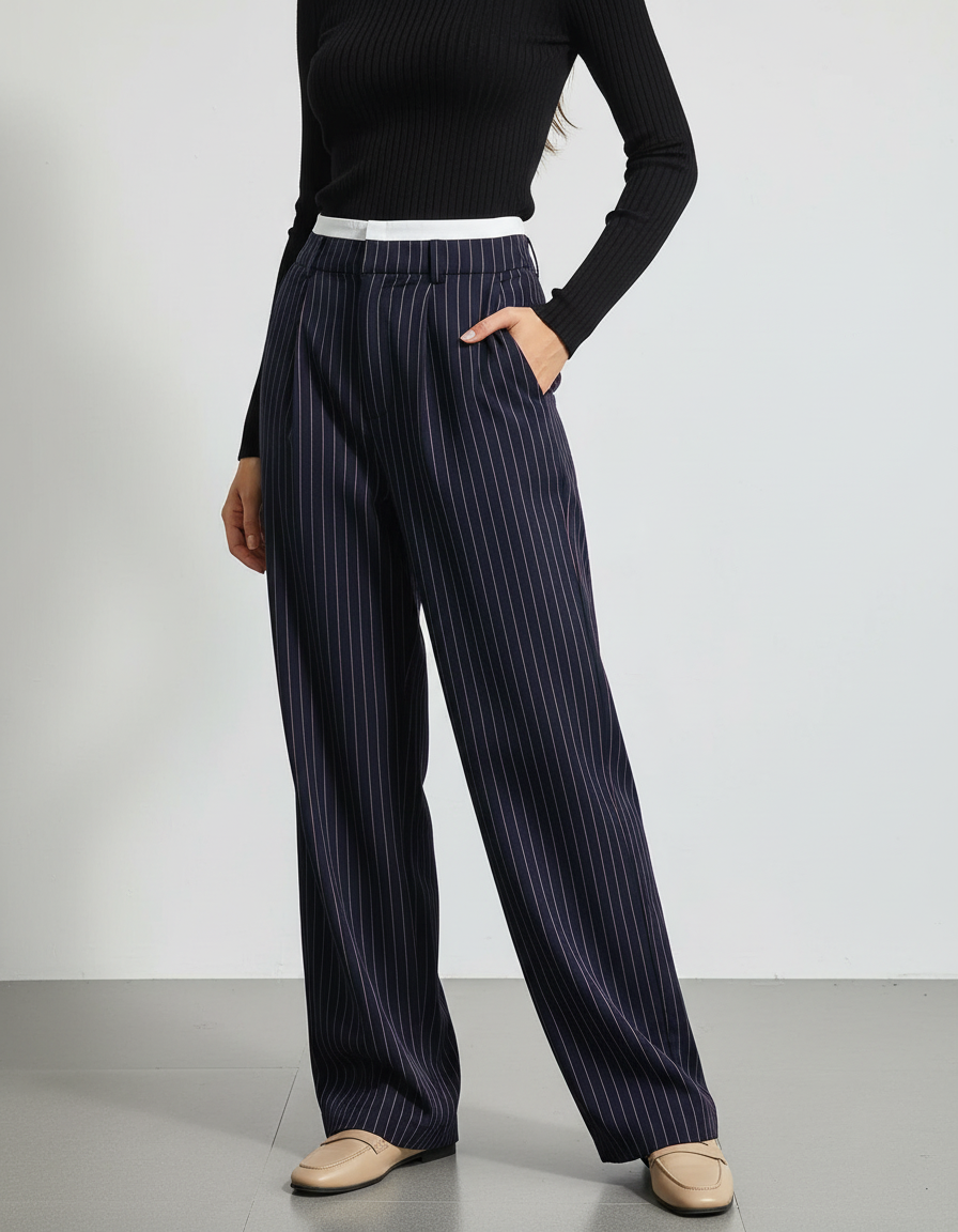 Pantalon Chino Femme Rayé Taille Haute Fluide Élégant - Marine Viscose