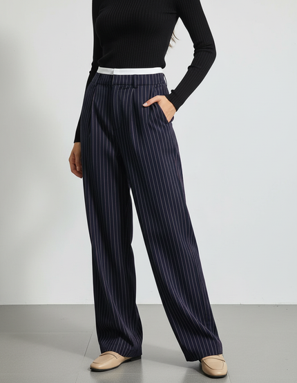 Pantalon Chino Femme Rayé Taille Haute Fluide Élégant - Marine Viscose