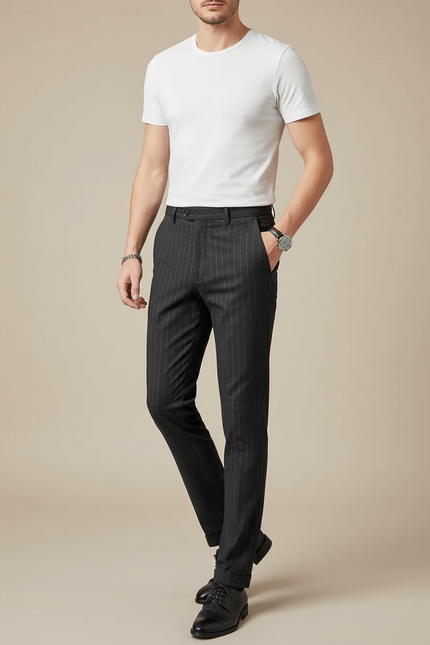 Pantalon Chino Gris Rayures Fines Slim Habillé - Laine