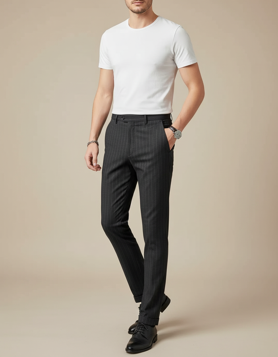 Pantalon Chino Gris Rayures Fines Slim Habillé - Laine