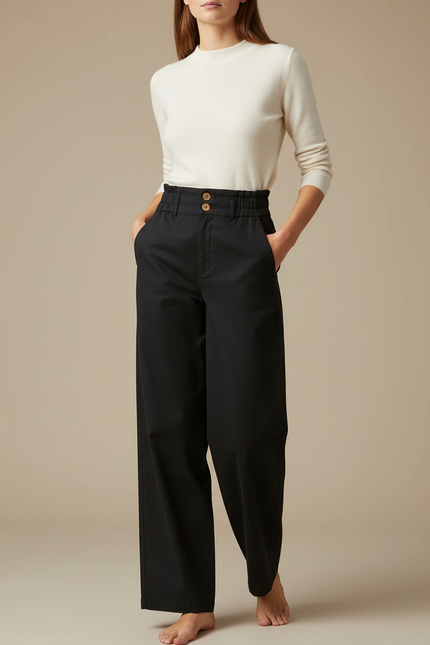 Pantalon Chino Noir Ample Fluide Taille Haute Femme - Gabardine