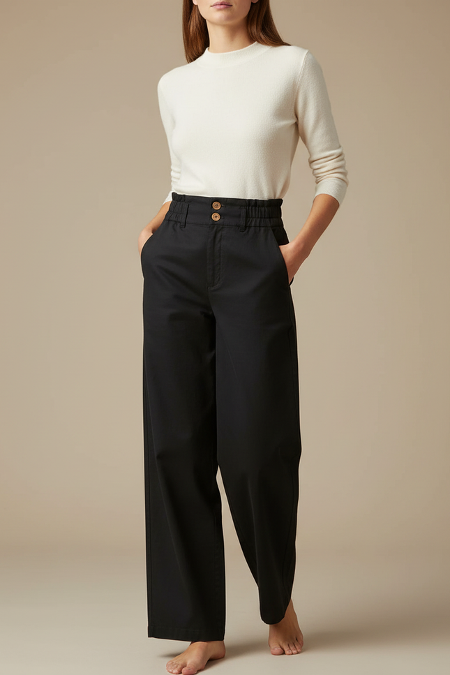 Pantalon Chino Noir Ample Fluide Taille Haute Femme - Gabardine