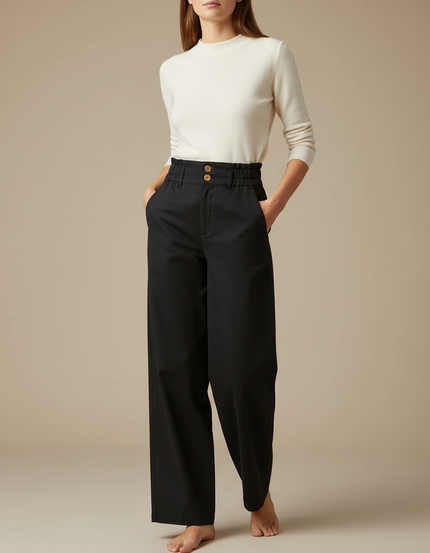Pantalon Chino Noir Ample Fluide Taille Haute Femme - Gabardine