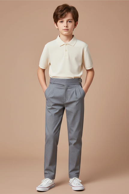 Pantalon Chino Gris Slim Plissé Élégant Enfant - Gabardine