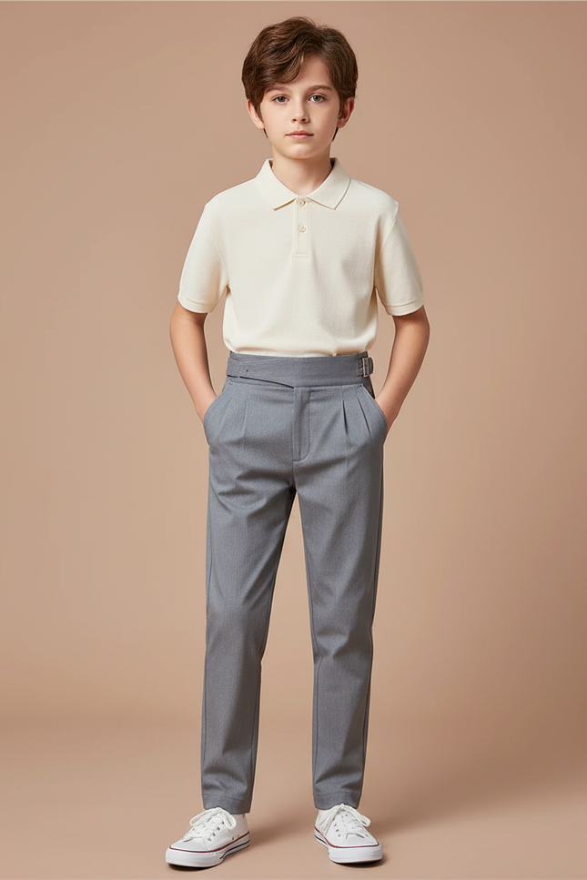 Pantalon Chino Gris Slim Plissé Élégant Enfant - Gabardine