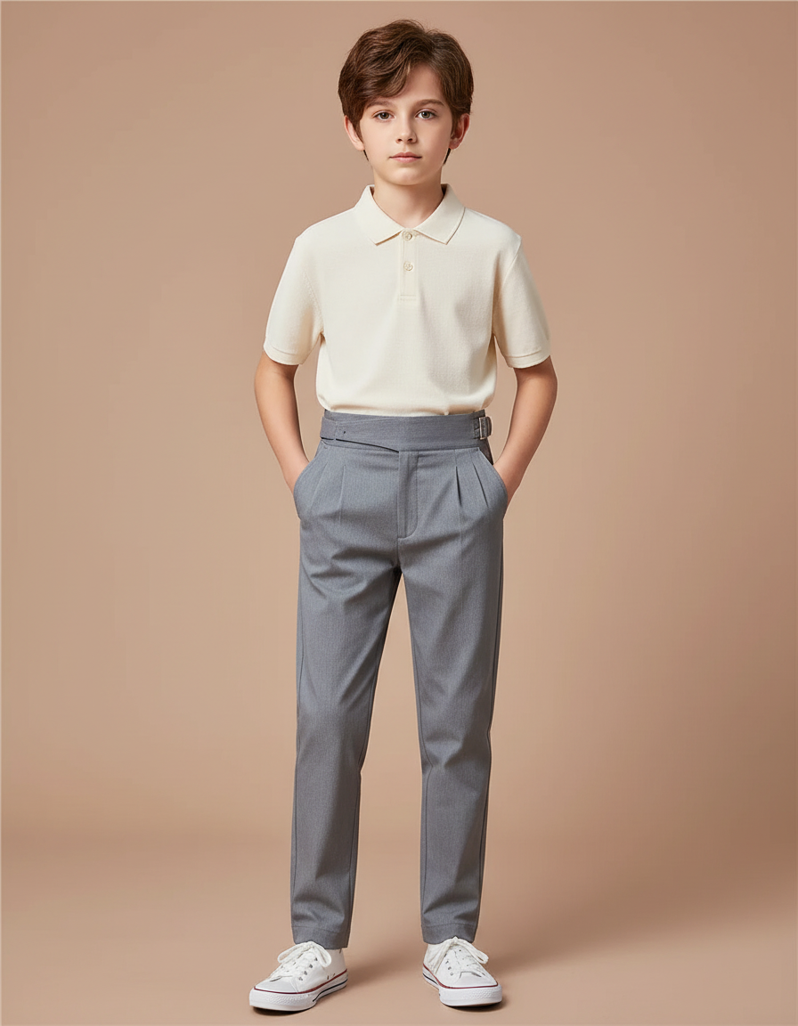 Pantalon Chino Gris Slim Plissé Élégant Enfant - Gabardine