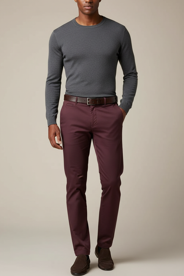 Pantalon Chino Bordeaux Slim Coton Homme Élégant