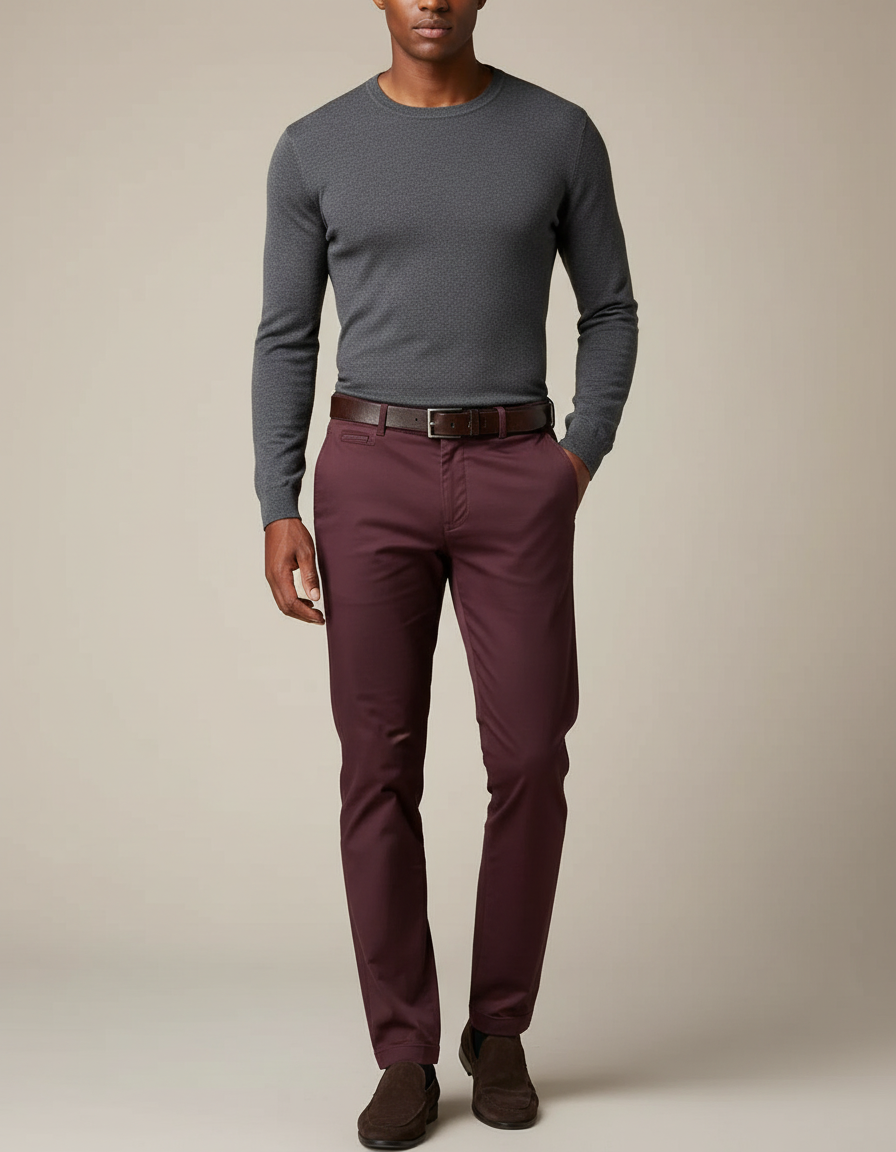 Pantalon Chino Bordeaux Slim Coton Homme Élégant